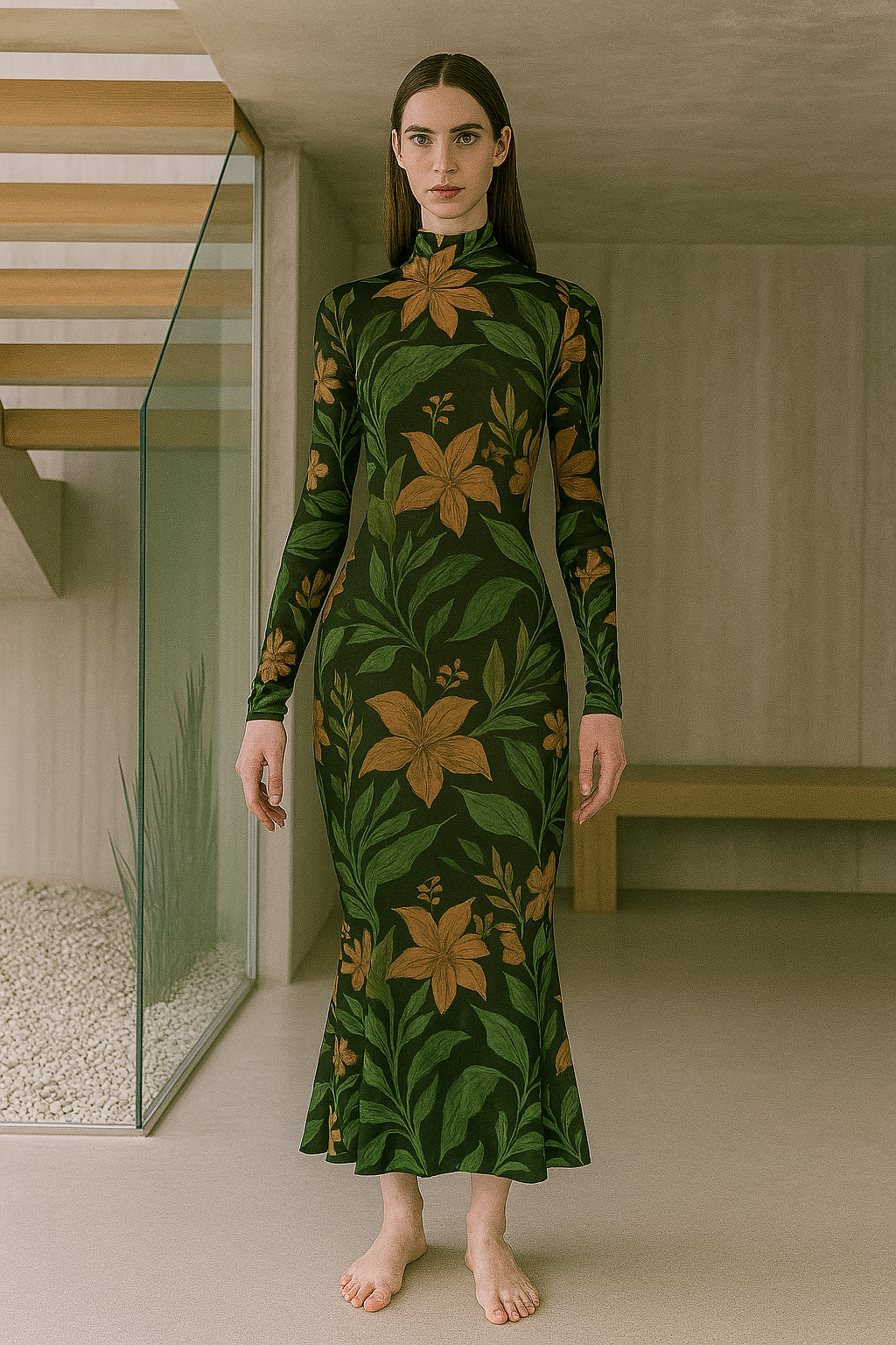 FLORAL TURTLENECK LONG SLEEVE DRESS